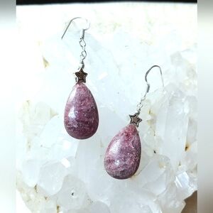 NWOT Natural Rhodonite Gemstone Star Earrings .925 Sterling Overlay